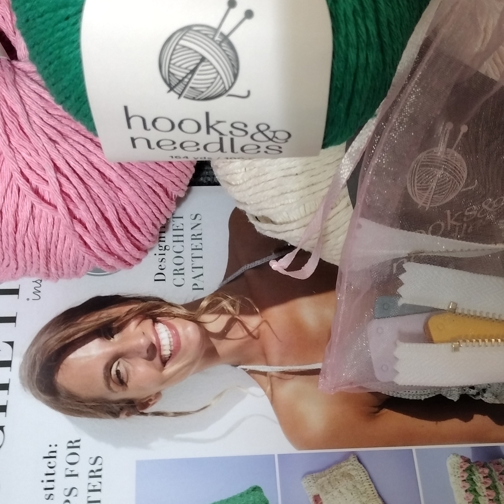 Hooks & Needles Yarn Set in Pink, Cream and Green. Includes Accessories.